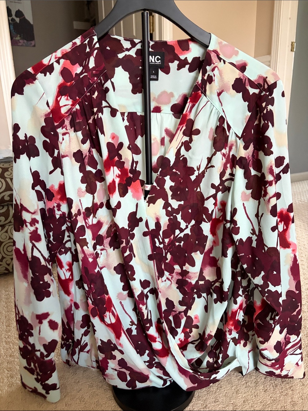INC International Concepts Mint Blouse with Burgundy Floral Print